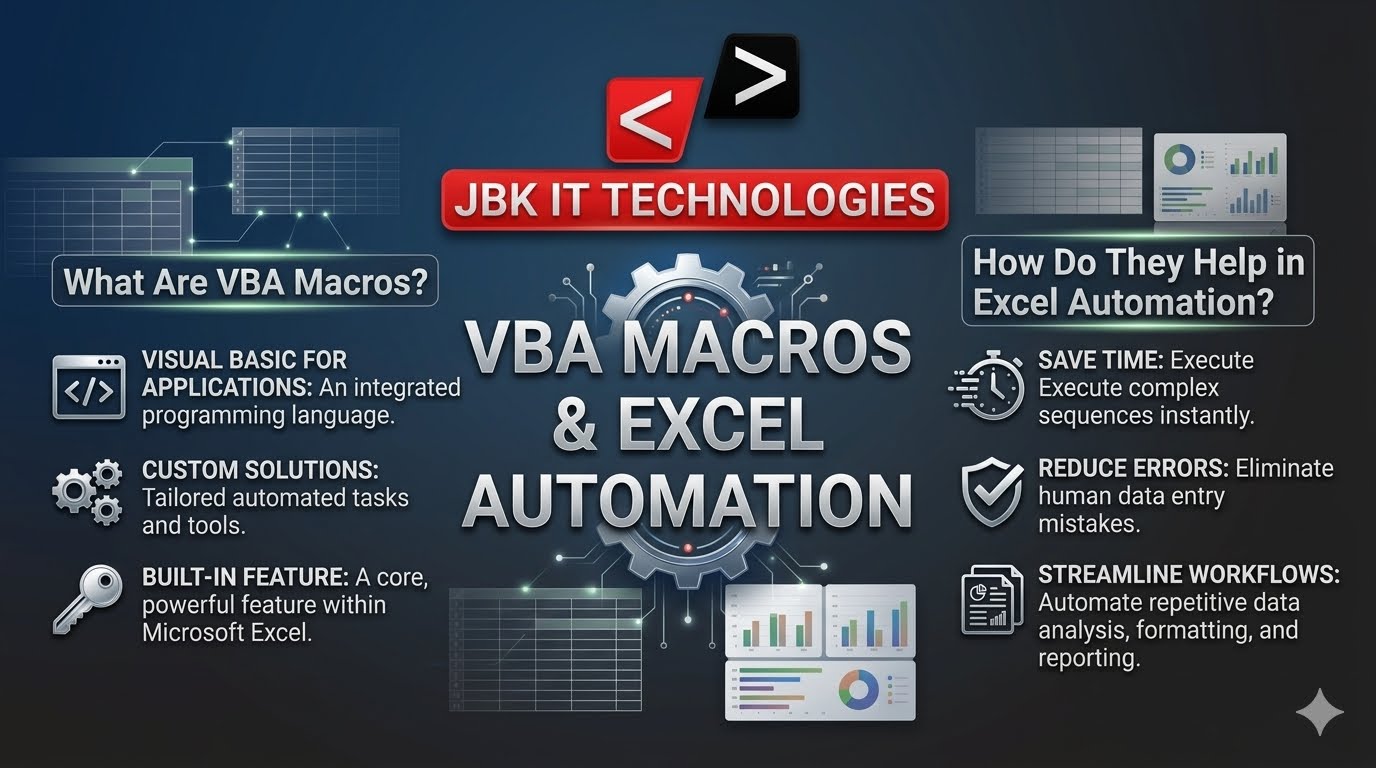 Infographic banner for JBK IT Technologies explaining VBA Macros and Excel Automation features with colorful technical graphics.